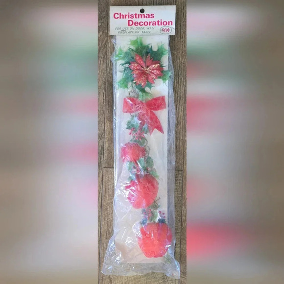 NOS Vintage Flocked Apples Poinsettia Christmas Decoration British Hong Kong - Picture 1 of 5